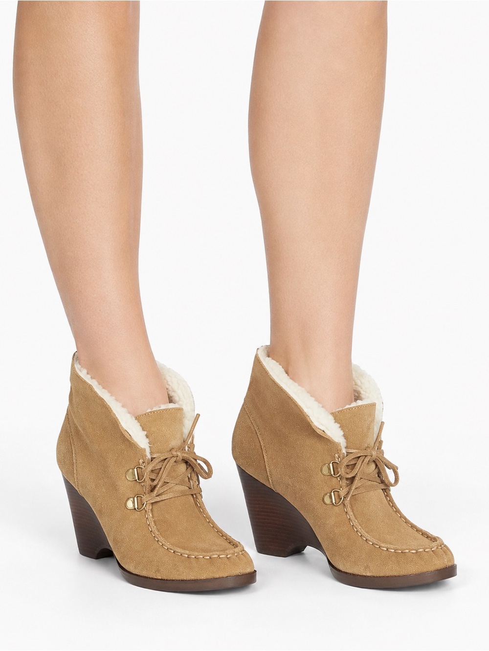 Michael Kors Rory Tan Suede Shearling Wedge Booties Lace Up Size 7.5